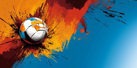 Volleyball exploding with orange and white paint splattering on a blue background, sport illustration for banner or flyer
