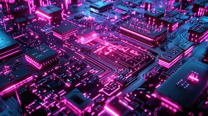 Obraz premium Close-up of a Circuit Board with Glowing Pink Lines