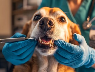 A veterinarian examines a dog's teeth during a routine dental check-up, showcasing pet care and health awareness.