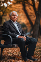 A senior Hispanic man in a well-tailored suit, sitting on a park bench with a contemplative look, reminiscing about his life experiences while surrounded by autumn leaves.