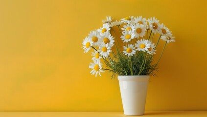 Photo of A vase with daisies and coffee on the table against yellow... © nikolettamuhari