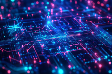 Fototapeta premium An engaging blue background featuring a network of glowing neon circuit boards and abstract data flows. The vivid patterns and colors create a visually stimulating representation of a digital future.