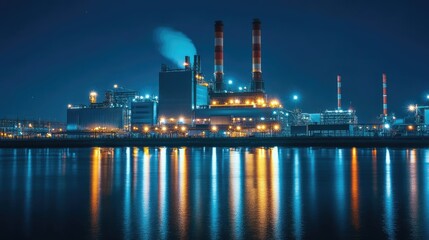 Illuminated Industrial Complex Reflecting in Calm Water at Night