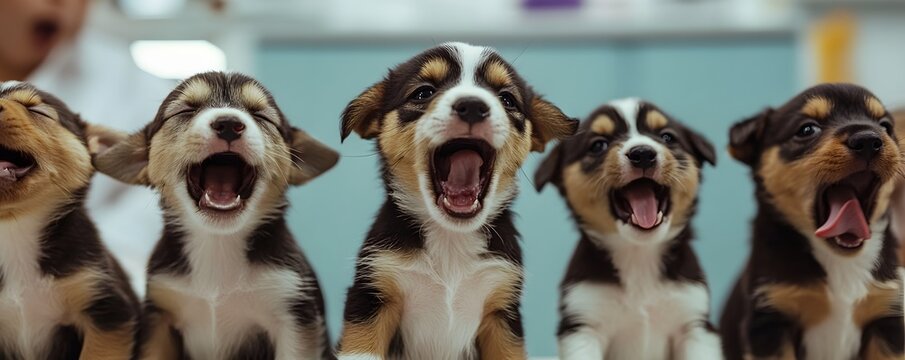 Adorable puppies yawning together, showcasing their playful and cute personalities in a lively indoor setting.