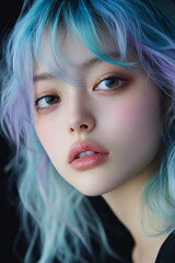 Fototapeta premium Close-up of a young Japanese woman with hair styled as gentle ocean waves in pastel blues and purples, against a black backdrop. Her refined makeup and sharp lighting give a high-fashion look.