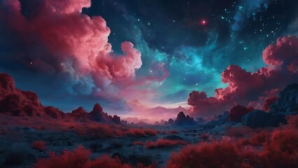 Naklejka premium Digital artwork depicting a surreal landscape under a vibrant, colorful sky features a vast expanse of red hued fields stretching towards a range of dark, silhouetted mountains in the background