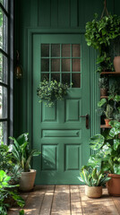 Green door with potted plants in front of it.