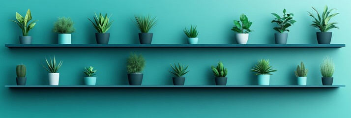 A teal wall with two shelves holding various potted plants.
