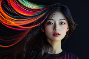 Fototapeta premium A young Japanese woman with vivid, swirling colors flowing dramatically around her head, set against a solid black background. The stark contrast emphasizes her focused gaze.