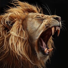 Naklejka premium Close-Up Portrait of a Roaring Lion: A Powerful Wild Animal