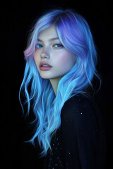 Fototapeta premium Close-up of a young Japanese woman with hair resembling calm ocean waves in pastel blue and lavender, against a solid black background. The professional lighting and flawless makeup highlight her