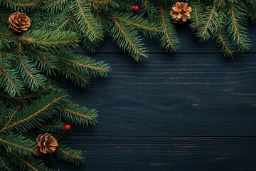 Christmas tree branches on dark wooden background with copy space. Flat lay with generative ai