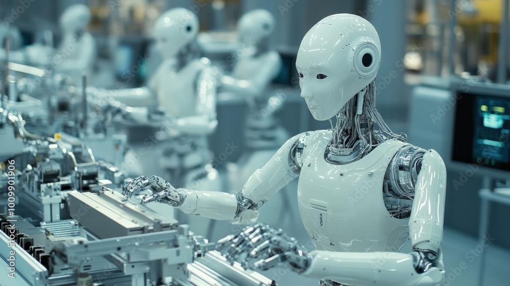 Poster multiple robotic systems are operating together in a high-tech manufacturing environment, focused on