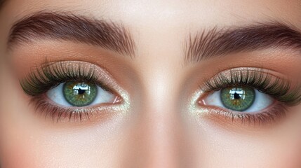 Naklejka premium Makeup Beauty close-up portrait of young women with green eyes, skincare, cosmetics, perfect eyelashes.