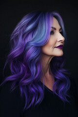 Fototapeta premium A senior Brazilian woman with ocean-wave-styled hair in deep, swirling shades of purple and blue, set against a dark background. The lighting and makeup are perfectly balanced for a bold, modern