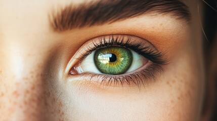 Fototapeta premium Portrait of a womans green eyes with makeup and flawless skin. Close-up, advertising beauty products, perfect skin cosmetics, and makeup looks for all occasions. 