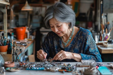 An elegant 50+ Japanese woman carefully setting gemstones into a vintage-inspired necklace in her minimalist, organized workshop, surrounded by pieces from various eras.