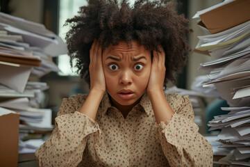 A worried young adult Black woman in a stylish blouse, holding her head in despair with wide eyes, surrounded by papers in a chaotic office, reflecting the stress of an impending deadline.