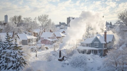 The neighborhood is transformed into a winter wonderland with houses covered in a thick layer of snow, while smoke billows from chimneys in the cold air