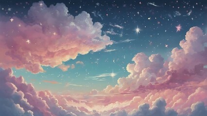 Digital illustration depicting a serene and dreamy sky scene features a wide expanse of sky filled with fluffy, cotton candy like clouds in shades of pink, purple, and white