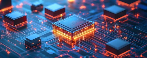 Fototapeta premium Close-up of glowing microchips on a circuit board, showcasing intricate technology and vibrant electronic components.