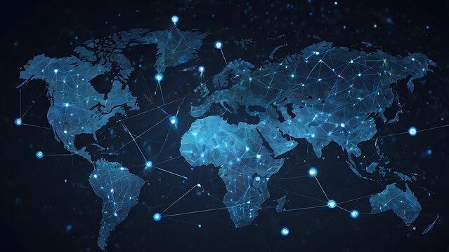 Fototapeta digital illustration of a stylized world map in a dark blue color background with various icons and symbols connected by lines, representing a network, global communication network concept 