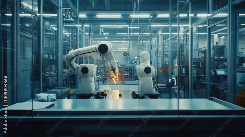 Poster in a cutting-edge factory, advanced robotic systems efficiently carry out precision tasks. the autom