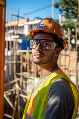 Fototapeta premium A young adult Brazilian construction worker, engaged in teamwork while wearing a safety vest and hard hat, contributing to the house construction process with a busy construction scene behind him.