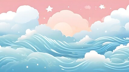 Pastel Sky and Wavy Ocean Illustration