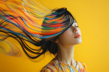 Naklejka premium A young Japanese woman with intense, swirling colors flowing around her head against a solid yellow background. The vibrant hues symbolize energy and creativity.