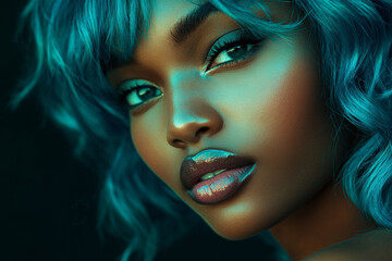 Fototapeta premium Close-up of a young African American woman with hair styled like rolling ocean waves in shades of aqua and deep blue, against a solid black background. Her impeccable makeup and lighting create a