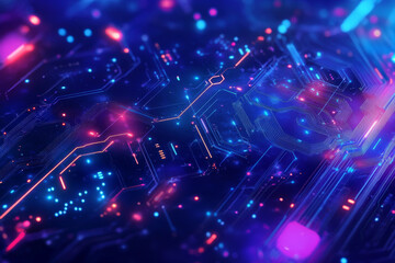 Obraz premium A rich blue backdrop infused with neon circuit designs and energetic abstract data streams. The combination of bright colors and intricate patterns evokes a sense of advanced technology and innovation