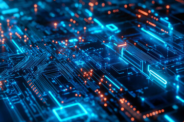 Obraz premium A high-tech blue background highlighted by intricate neon circuit designs and vibrant abstract data flows. The glowing elements convey a sense of depth and complexity, symbolizing the future of