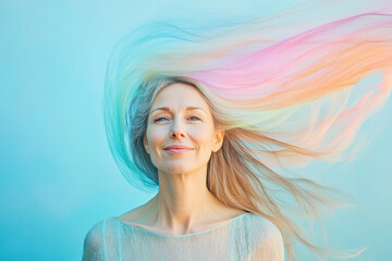 A middle-aged Caucasian woman with a big wave of pastel colors flowing around her head, set against a solid sky-blue background. The movement and colors convey a sense of serenity and balance.