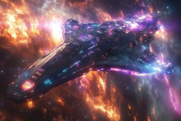 Fototapeta premium A spacecraft of epic proportions, shimmering in holographic colors with LED lights lining its hull, traveling through a cosmic storm, the surrounding space glowing with energy.