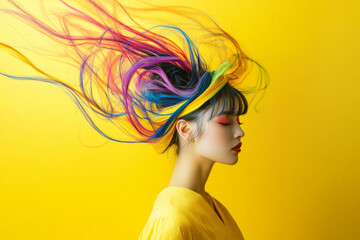 A young Japanese woman with intense, swirling colors flowing around her head against a solid yellow background. The vibrant hues symbolize energy and creativity.