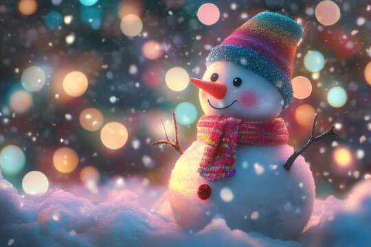 A delightful snowman in colorful attire graces a serene winter scene, the backdrop illuminated by a magical bokeh effect, creating a cozy atmosphere filled with the spirit of the season.