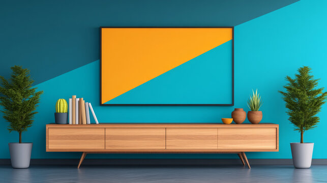 A modern living room with a bright blue and yellow color scheme.