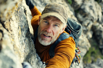 A senior Caucasian rock climber with a look of determination as he navigates a steep cliff. The rugged landscape surrounds him, emphasizing the challenges and beauty of outdoor climbing.