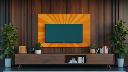 Modern living room with a flat screen TV on the wall with a sunburst design behind it.