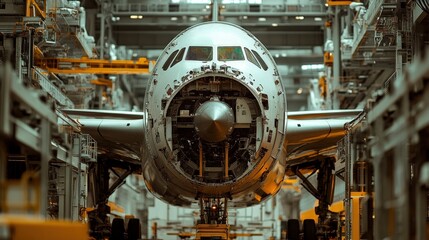 In a state-of-the-art manufacturing facility, a large industrial robot expertly assembles components of an airplane, showcasing advanced automation and precision