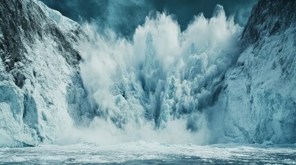 A massive glacier breaks apart, sending a powerful surge of ice and water into the ocean, showcasing the dynamic beauty of glacial movements and their impact on the environment