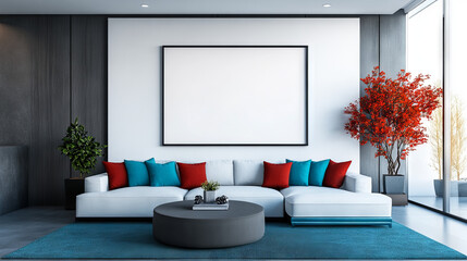 Modern living room with a white sofa, blue rug, and red plant.