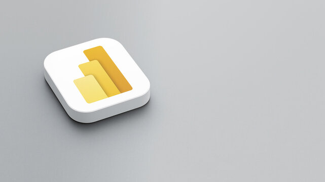 An icon of the Microsoft Power BI app logo on a gray background, a white square with rounded corners, a minimalistic design, 3D rendering.
