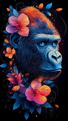 A close-up portrait of a gorilla with vibrant, colorful flowers surrounding its head.