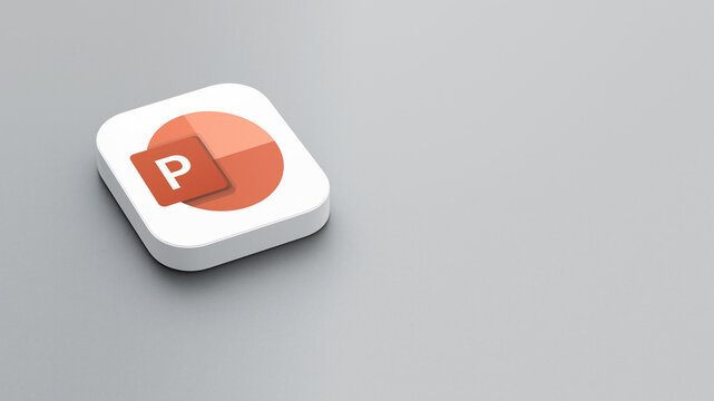 An icon of the Microsoft PowerPoint app logo on a gray background, a white square with rounded corners, a minimalistic design, 3D rendering.