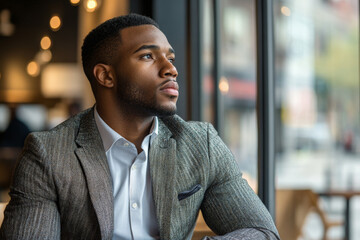 Obraz premium A young adult Black man in semi-formal attire, sitting alone in a cozy cafe, lost in thought with a pensive expression, reflecting on life decisions as he gazes out the window.
