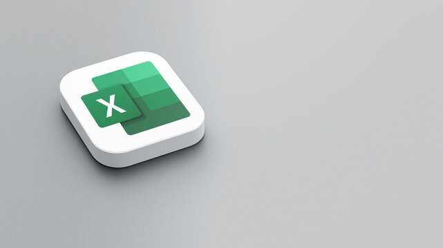 An icon of the Microsoft Excel app logo on a gray background, a white square with rounded corners, a minimalistic design, 3D rendering.