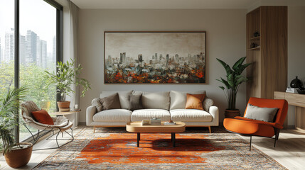 A modern living room with a large painting above the couch.