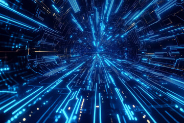 Obraz premium A stunning futuristic blue background filled with intricate neon circuit boards and dynamic abstract data flows. The vibrant lines of energy create a sense of movement, reflecting a high-tech digital
